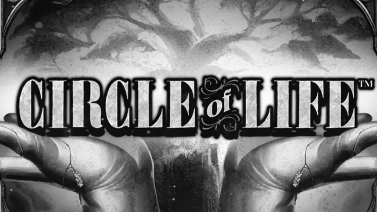 Tangkapan layar permainan slot Circle of Life dari Hacksaw Gaming, menampilkan estetika monokrom dengan pohon kehidupan berwarna cerah di tengah.