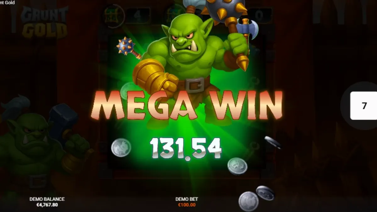 Tampilan antarmuka seluler slot Grunt Gold dengan tema orc dan harta karun